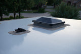 White RV rental roof with two black vents sealed, ensuring leak protection. Ready for your trip.