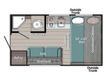 RV rental floor plan: detailed view of a camper's interior layout, featuring a bed, kitchen, bathroom, and living area.