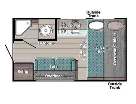 RV rental floor plan: detailed view of a camper's interior layout, featuring a bed, kitchen, bathroom, and living area.