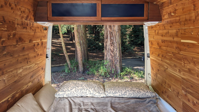 Cozy rv rental camper interior, looking out the open back to a serene forest with large trees, wood-paneled walls, and a comfy bed.
