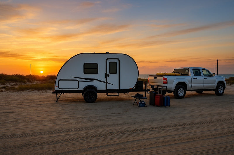 This RV rental: a white teardrop camper and silver truck parked on a sandy beach at sunset, ideal for camping. — photo 3