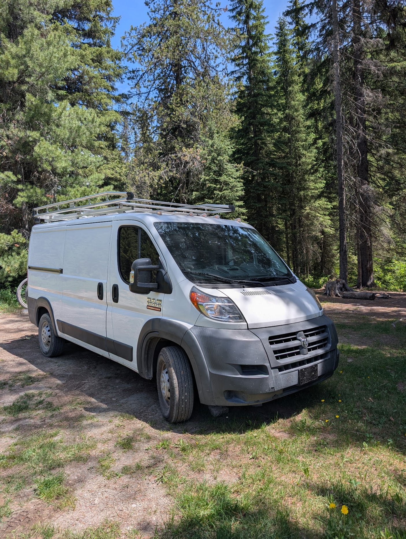 White camper van (Ram ProMaster) with roof rack parked in a sunny forest. Great for an RV rental adventure!