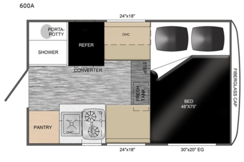 a versatile RV rental option ready for outdoor adventures. Equipped with sturdy jacks.|This RV rental 600A camper floor plan details the interior layout: bed — photo 2