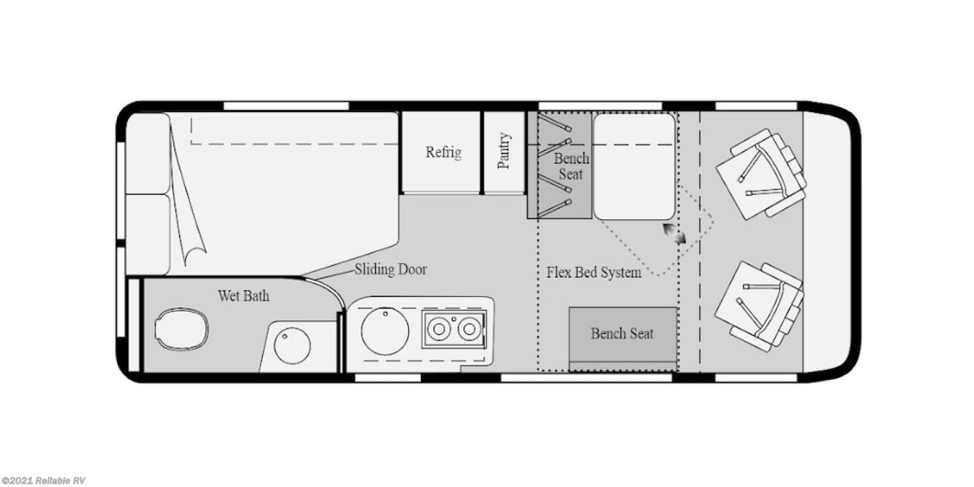 Top-down view of an RV rental floor plan showing a wet bath, kitchen, refrigerator, pantry, and convertible sleeping/seating. — photo 11