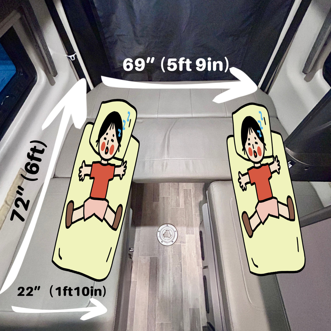RV rental camper van interior: Two narrow beds with cartoon sleepers. Dimensions shown: 72" length, 22" width each, 69" total width.