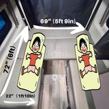 RV rental camper van interior: Two narrow beds with cartoon sleepers. Dimensions shown: 72" length, 22" width each, 69" total width.