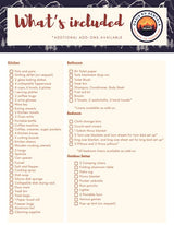 This RV rental checklist itemizes included amenities: kitchen, bathroom, bedroom & outdoor setup.