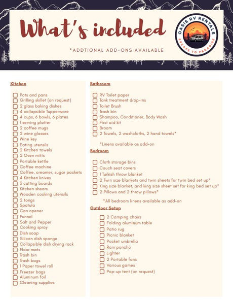 This RV rental checklist itemizes included amenities: kitchen, bathroom, bedroom & outdoor setup.