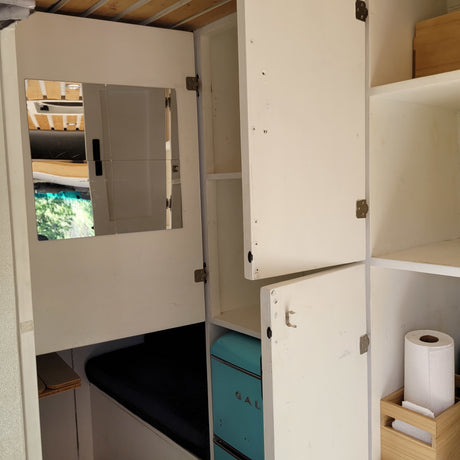 RV rental: Organized white cabinets, shelves, a compact fridge, and a mirror offer efficient storage in this camper van.