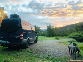 Dark RV rental van parked on gravel. Two large dogs watch a vivid sunset over hills and trees, perfect for outdoor adventure.