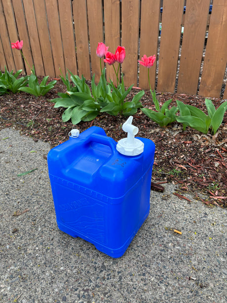 This blue water jug, ideal for RV rental adventures, rests on pavement beside vibrant pink tulips and a garden fence.
