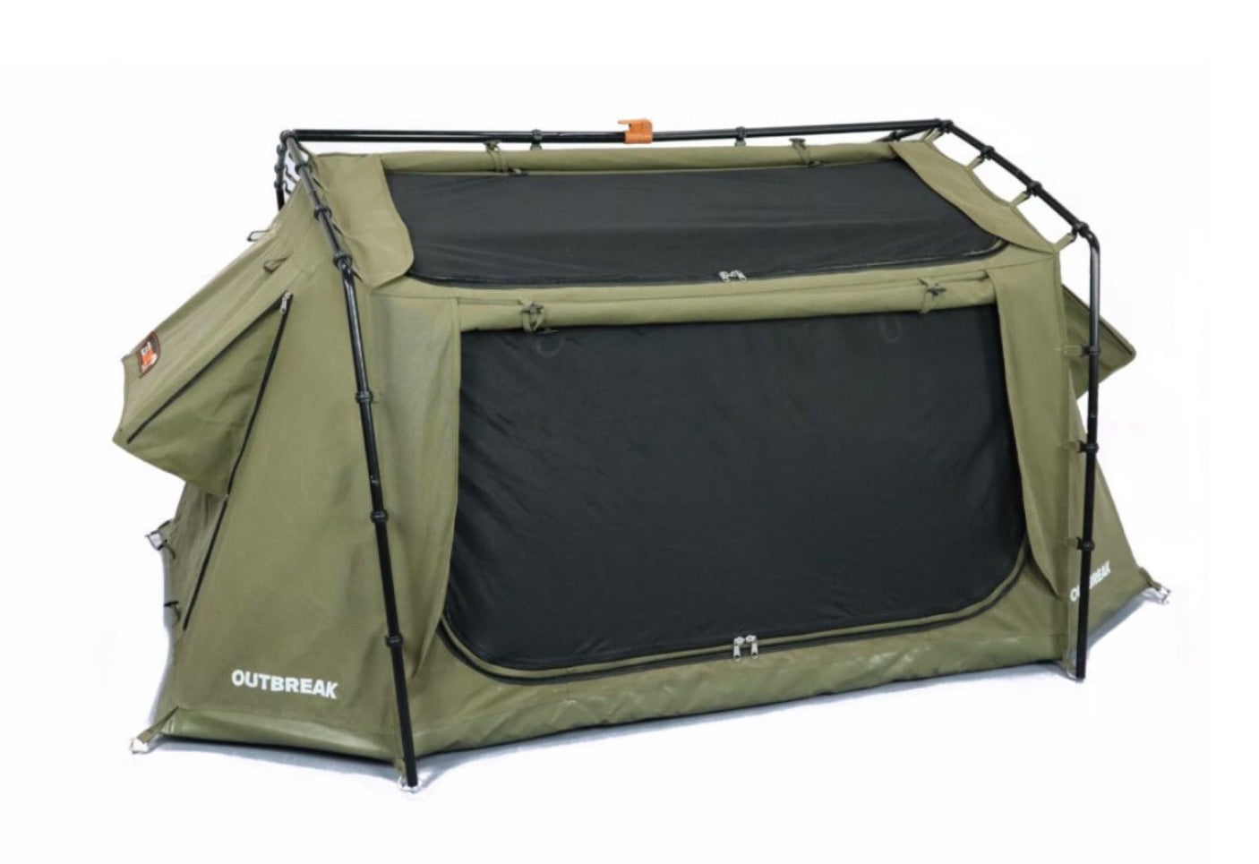 Olive green camping tent (swag) with mesh windows. Ideal for RV rental outdoor adventures.