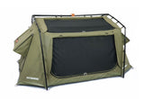 Olive green camping tent (swag) with mesh windows. Ideal for RV rental outdoor adventures.