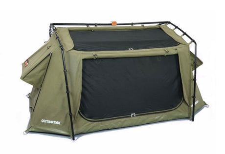 Olive green camping tent (swag) with mesh windows. Ideal for RV rental outdoor adventures.