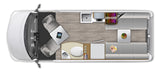 Overhead view of an RV rental interior showing a compact floor plan with kitchen, bath, and living/sleeping areas.