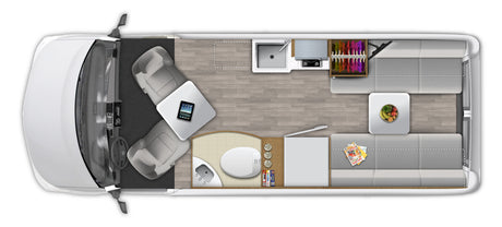 Overhead view of an RV rental interior showing a compact floor plan with kitchen, bath, and living/sleeping areas.
