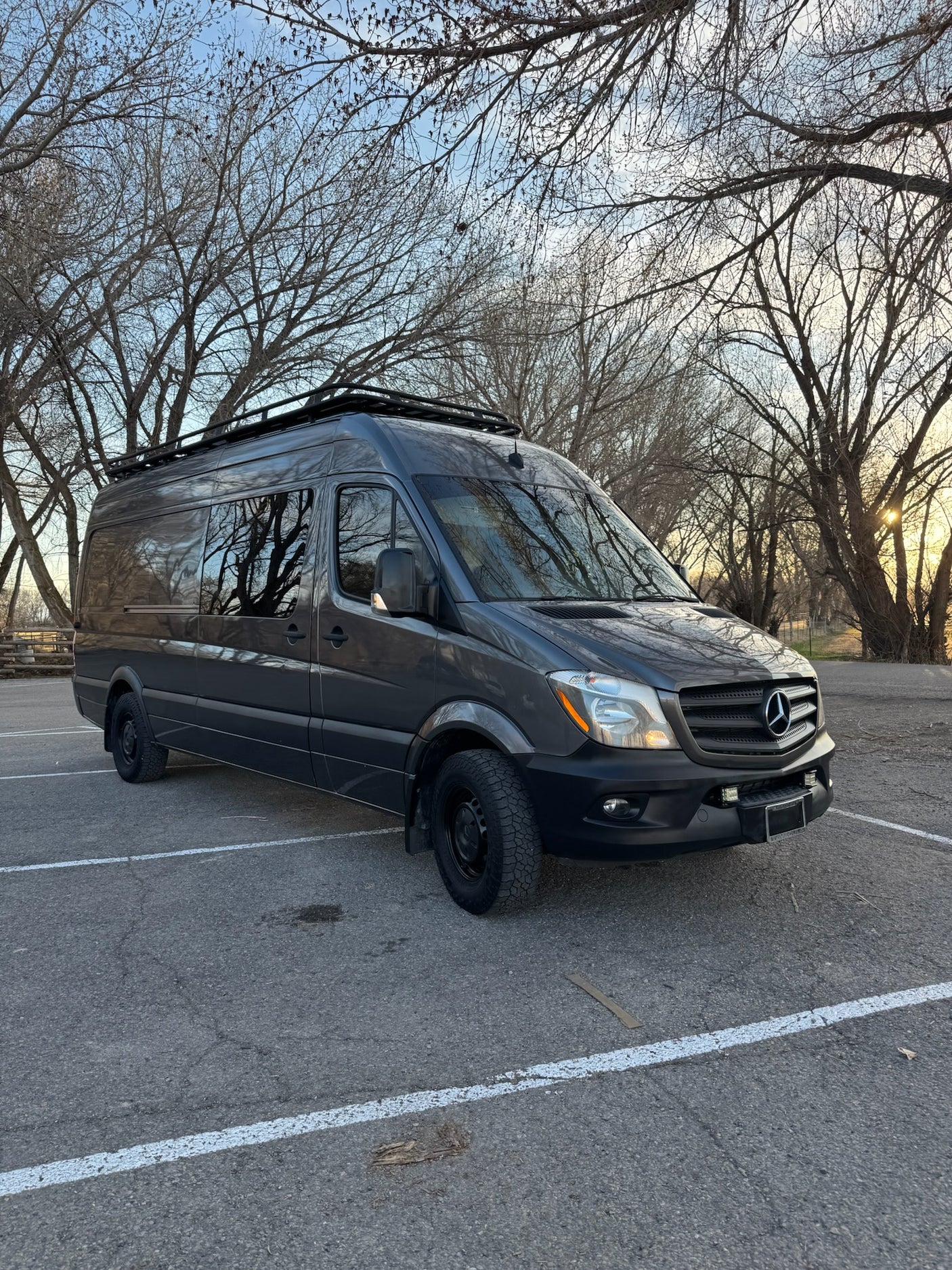 Dark grey Mercedes Sprinter van with roof rack, an ideal rv rental, parked among bare trees at sunset.