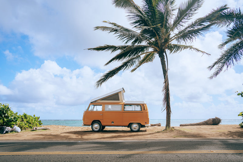 Orange vintage RV rental camper van parked on a sandy beach road with a palm tree and blue ocean. — photo 3