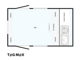 This RV rental floor plan for the T@G M@X shows a compact interior with a bed, AC, cooler, and a functional kitchen.