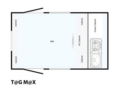 This RV rental floor plan for the T@G M@X shows a compact interior with a bed, AC, cooler, and a functional kitchen.