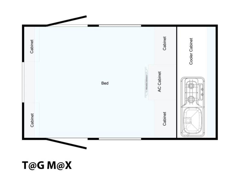 This RV rental floor plan for the T@G M@X shows a compact interior with a bed, AC, cooler, and a functional kitchen. — photo 16