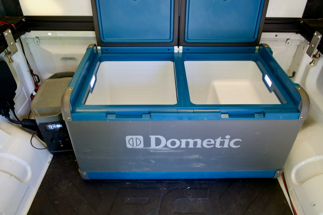 This RV rental is equipped with a Dometic dual-zone fridge/freezer and an EcoFlow power station, ready for camping.