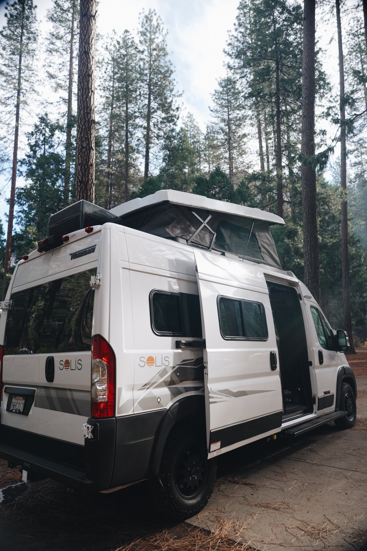 White Winnebago Solis camper van rv rental with pop-top deployed, nestled in a pine forest, ready for adventure.
