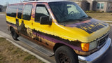 Custom-painted Ford van, ideal for rv rental adventures. Features an 'ESCAPE' hood and a vibrant desert mural side.