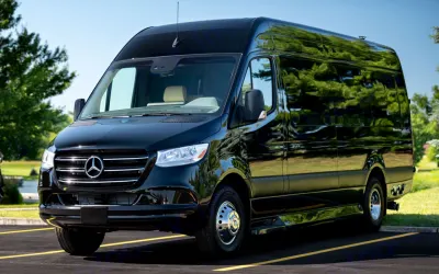 A black Mercedes-Benz Sprinter van, ideal for an RV rental or luxury transport, parked outdoors on a clear day.