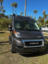 An RV rental: a sleek gray Ram ProMaster camper van parked outdoors under palm trees.