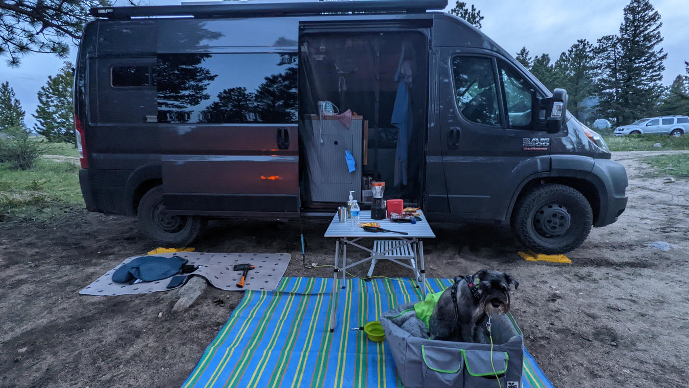 Adventure awaits! This RV rental offers cozy van life camping with a happy dog, set up in nature.