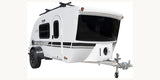 This white teardrop RV rental is a compact camper with a roof rack and tinted windows, perfect for outdoor adventure.