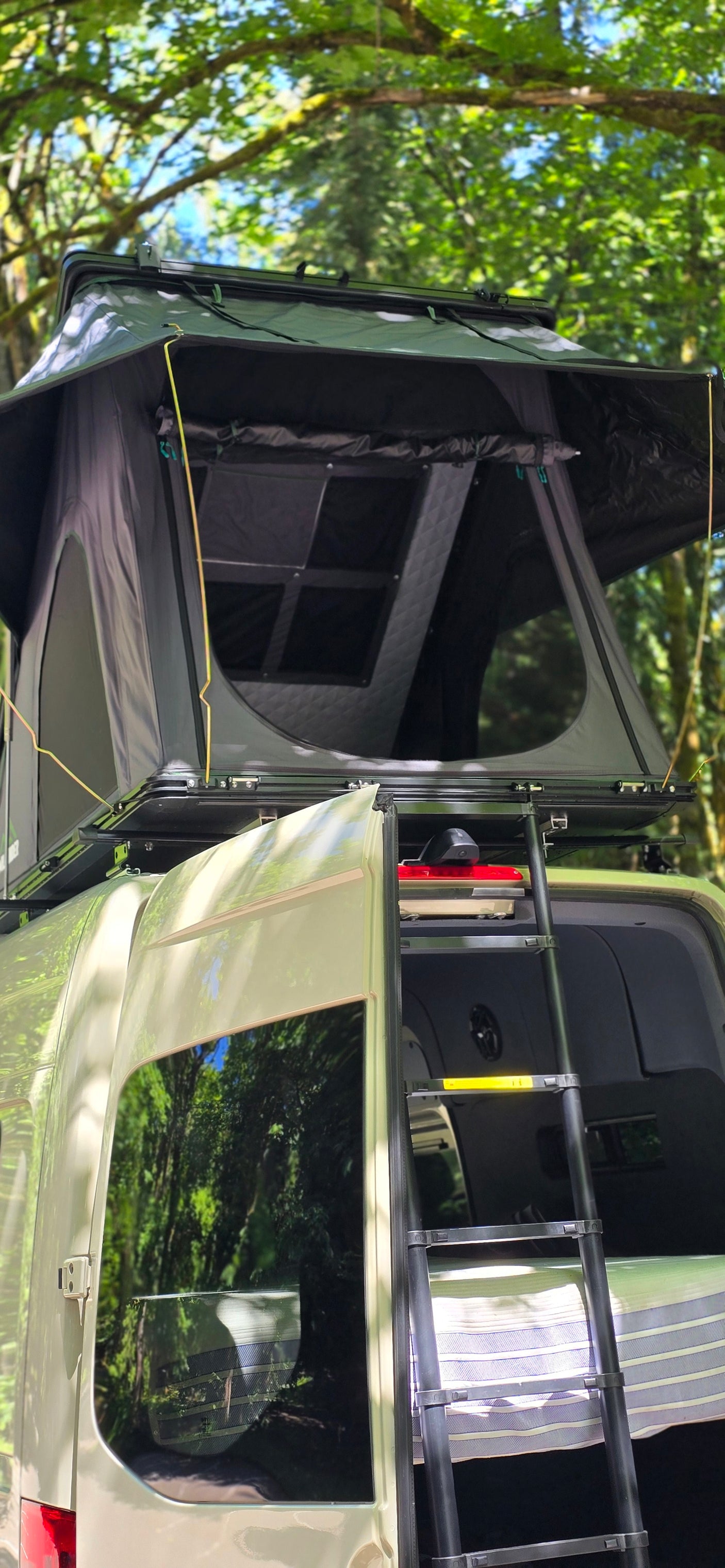 Adventure awaits! This RV rental camper van features a deployed rooftop tent and ladder in a lush forest setting.