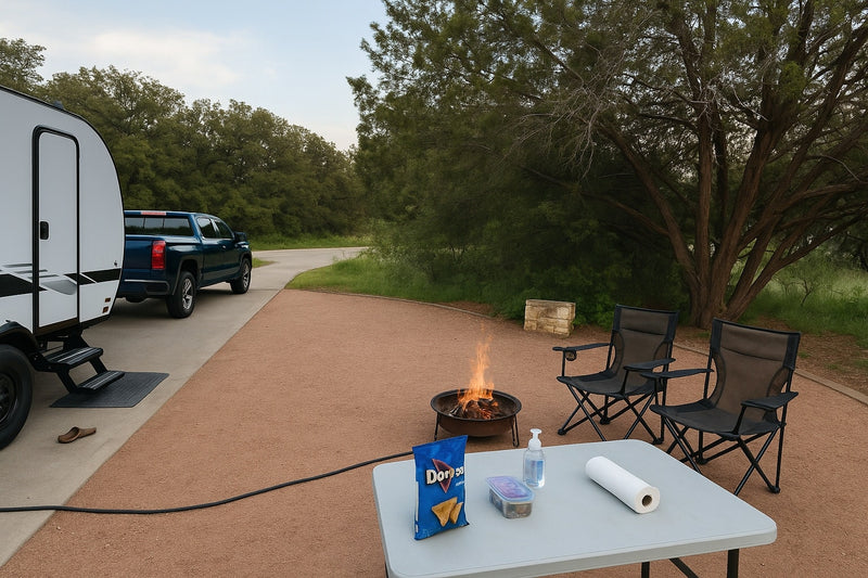 An RV rental and truck parked at a tranquil campsite, featuring a warm campfire, chairs, and a table with snacks. Perfect outdoor escape! — photo 2