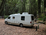 This white rv rental is nestled in a shady, leaf-covered forest campground, featuring a picnic area and utility hookups.