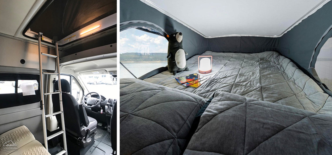 RV rental interior: Ladder leads to a cozy sleeping loft with quilted bed, lamp, plush bear, and a scenic lake view.