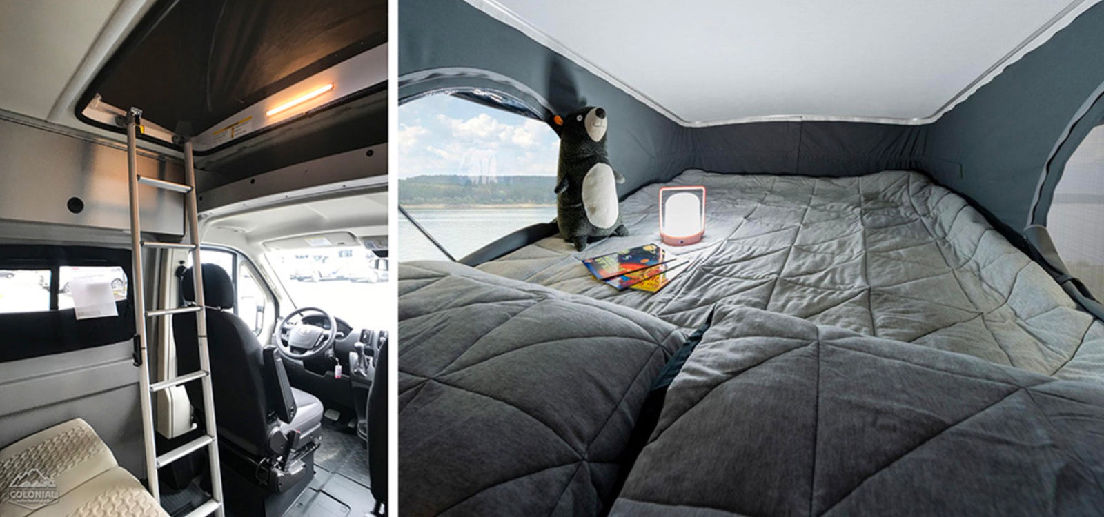 RV rental interior: Ladder leads to a cozy sleeping loft with quilted bed, lamp, plush bear, and a scenic lake view.