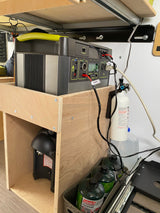 RV rental setup: Goal Zero Yeti portable power station, Coleman propane canisters, and fire extinguisher for van life.