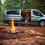 An RV rental, a silver camper van, is parked in a forest campsite with a campfire. A person relaxes inside playing a ukulele.
