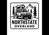 Northstate Overland logo: An SUV with a rooftop tent for RV rental adventures, amidst mountains & trees.