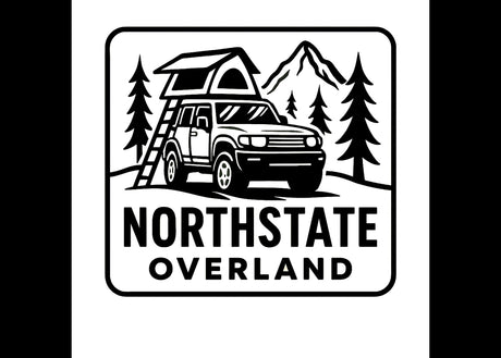 Northstate Overland logo: An SUV with a rooftop tent for RV rental adventures, amidst mountains & trees.