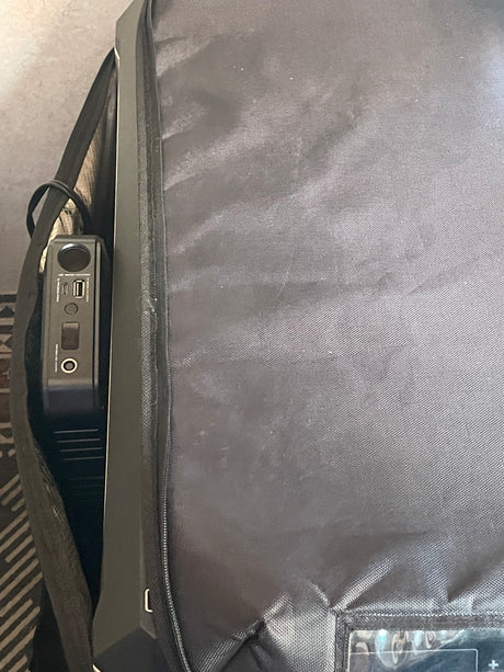 Compact portable power station for an RV rental, tucked neatly in its case, ready to charge devices on your trip.