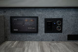 RV rental electrical system. Ecoflow power distribution panel, outlets, and gauges for monitoring inside a camper van.