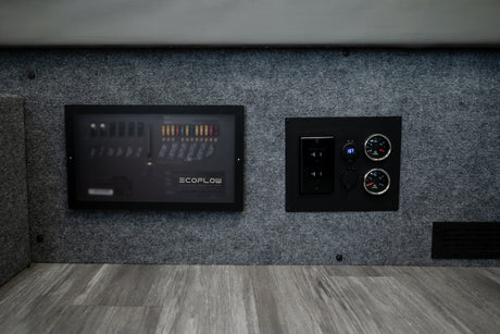 RV rental electrical system. Ecoflow power distribution panel, outlets, and gauges for monitoring inside a camper van.