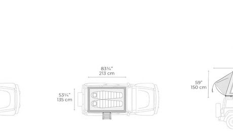 Diagram of an RV rental rooftop tent: 83¾" (213cm) L x 53¼" (135cm) W sleeping area, 59" (150cm) H.
