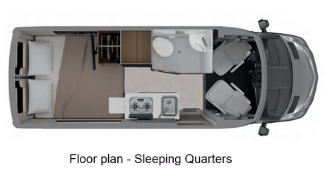 RV rental floor plan diagram: See the compact interior layout with bed, kitchen, bathroom, and front cabin.