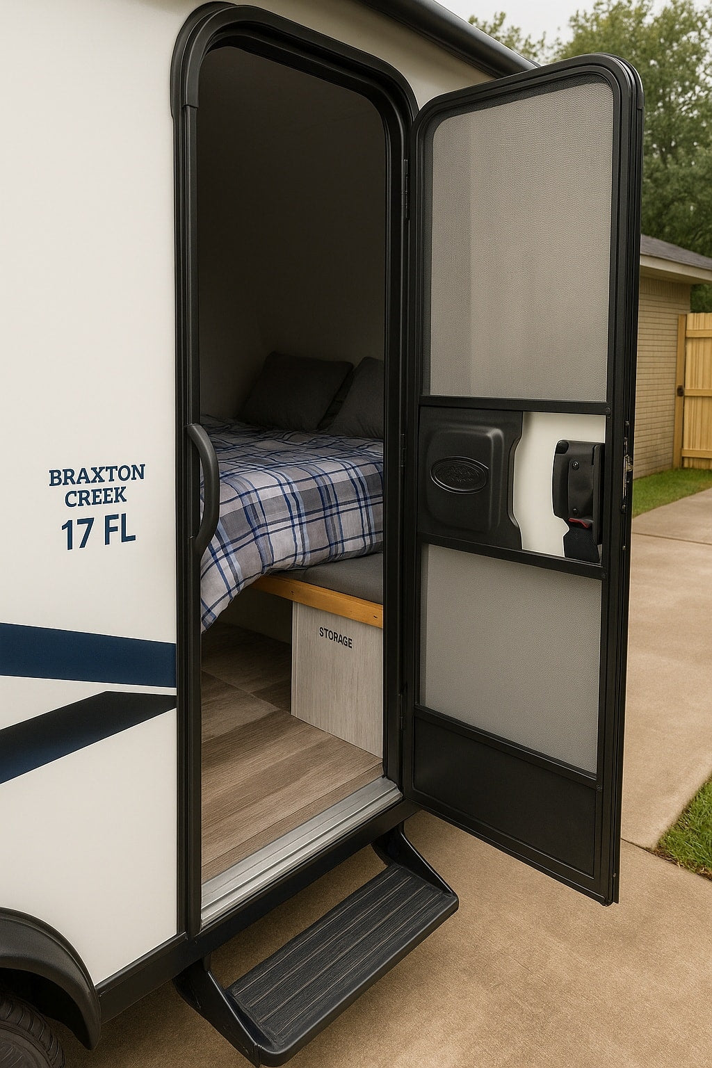 Explore this Braxton Creek 17 FL RV rental with its inviting bed, accessible through the open main and screen doors. Storage inside. — photo 11