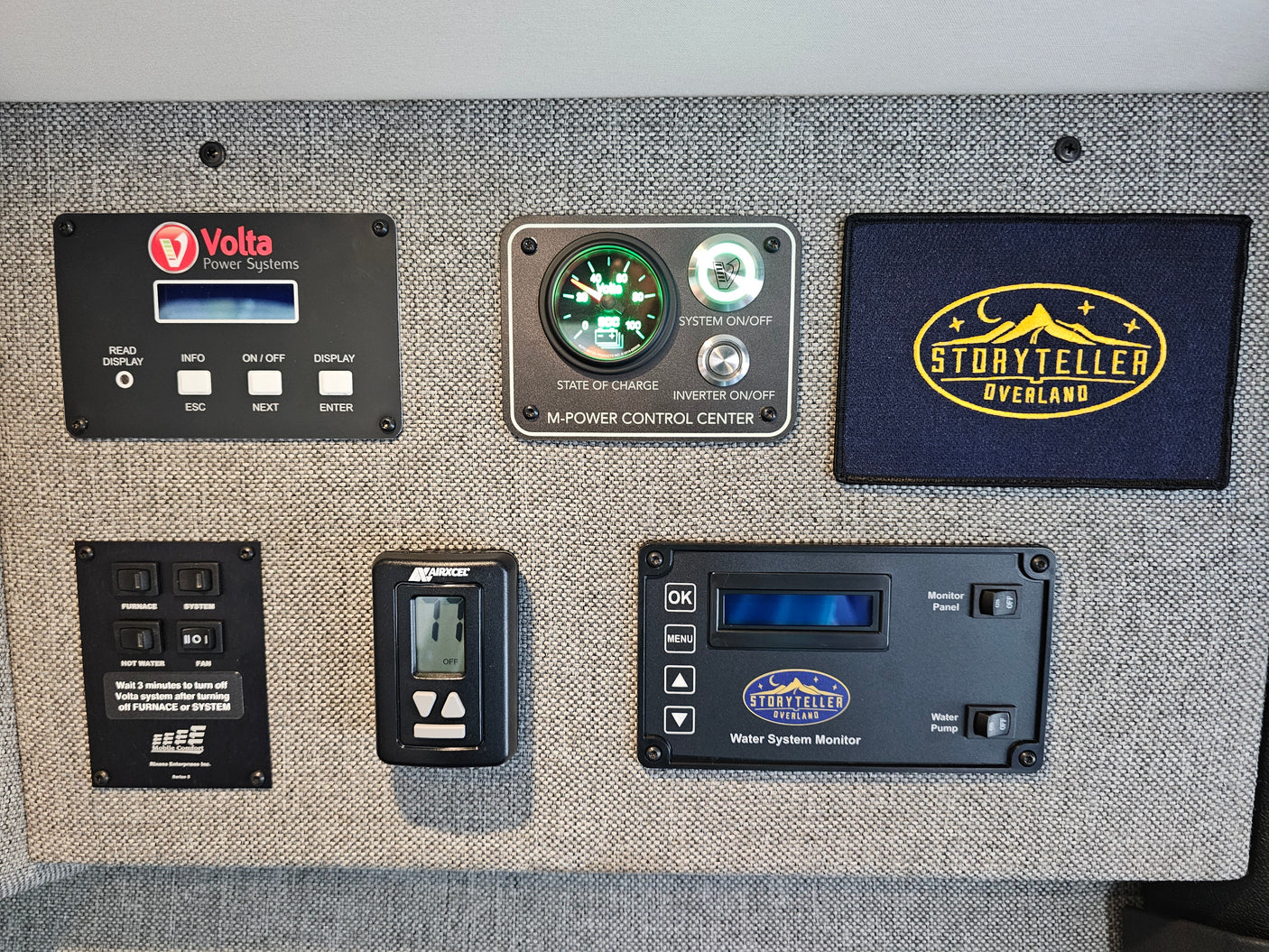 RV rental control panel shows Volta power, water, and climate systems. Key functions for campervan operation and comfort.