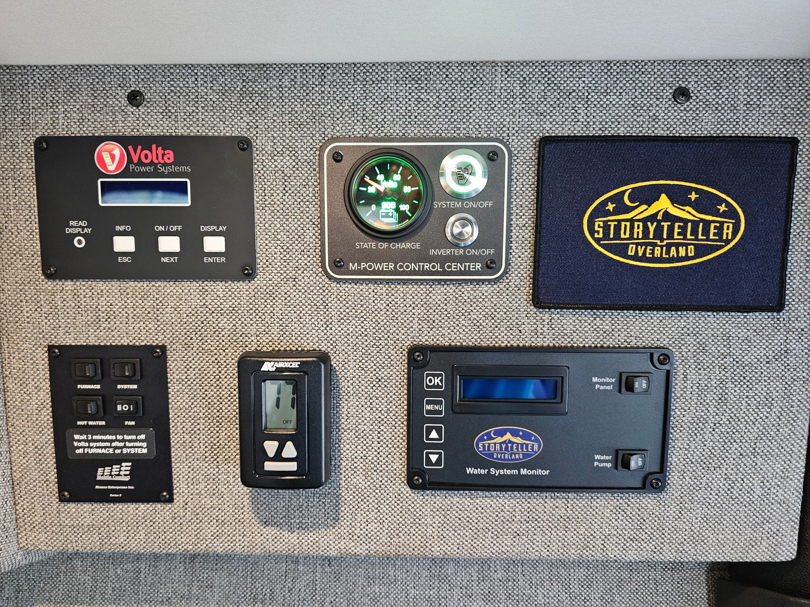 RV rental control panel shows Volta power, water, and climate systems. Key functions for campervan operation and comfort.