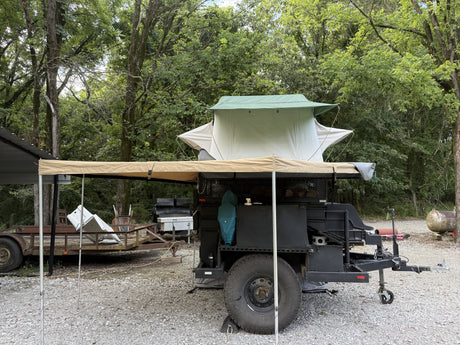 Rear view of the rooftop tent with the 270-degree awning open